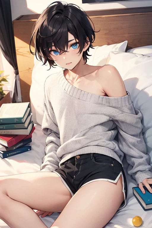 ((Best Quality)), ((Masterpiece)), (detailed), 1 thin boy, white drop shoulder sweater, short black hair a little disheveled, lying on his bed, blue eyes, bangs covering his forehead, book hairstyle, cute appearance, black short shorts