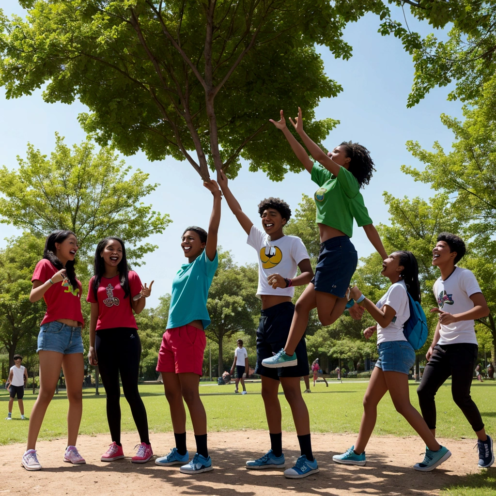 A group of young people involved in various activities, smiling and interacting with each other. Some are playing sports, others are studying, and some are talking in a lively park. The scene is vibrant, with a mix of bright colors, green trees and a blue sky. Young people come from different backgrounds, wearing casual clothes and displaying cheerful expressions.