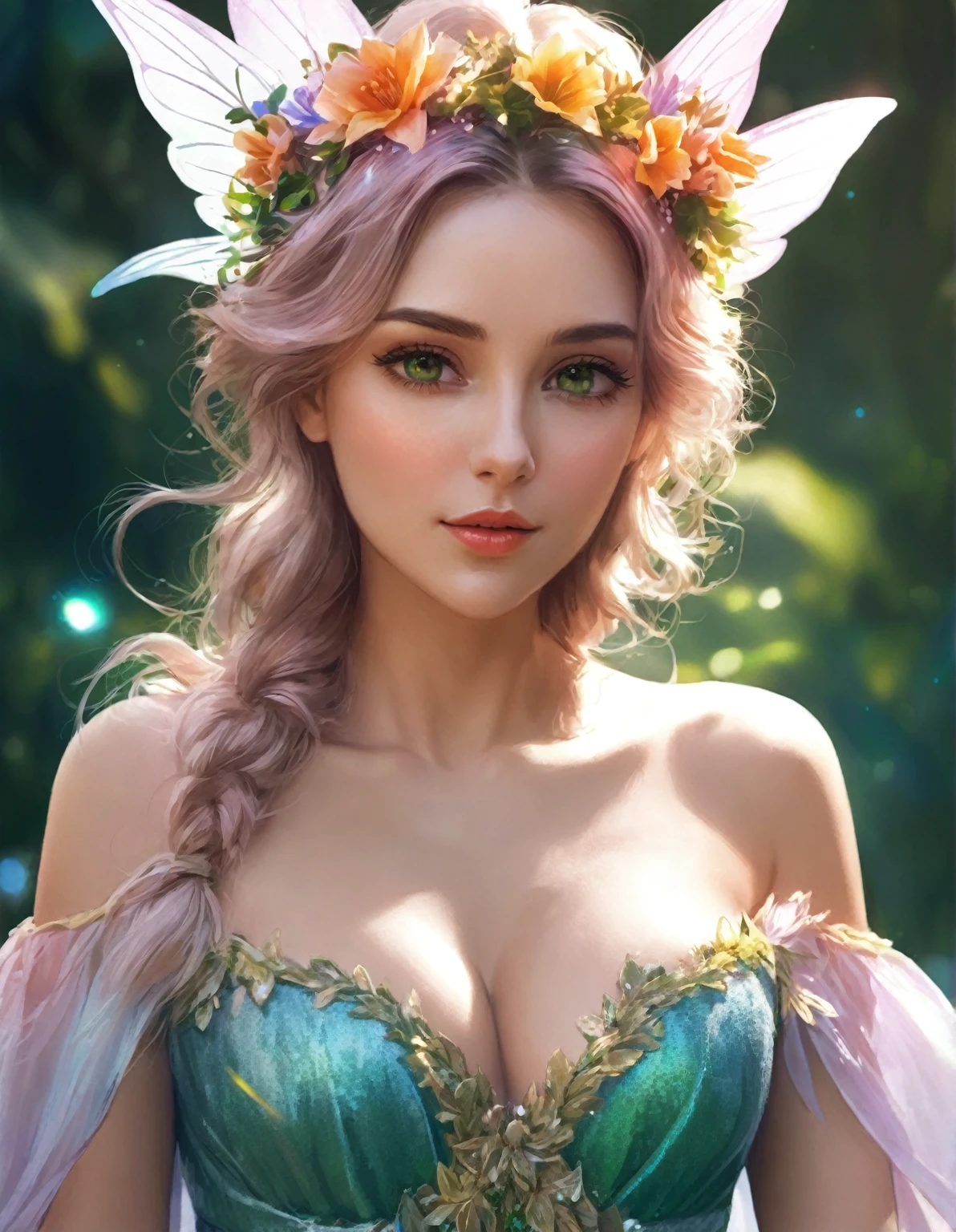 A woman in a green dress with a flower crown on her head, beautiful Fantasy Portrait, Digital fantasy art ), beautiful fantasy art portraits, Fantasy art style, Beautiful digital art, Fantasy Portrait, In the style of Urop, deviantart artstation cgscosiety, fantasy art portraits, Beautiful fantasy art, Beautiful fantasy maiden, Realistic Digital Art 4K, Realistic Digital Art 4K