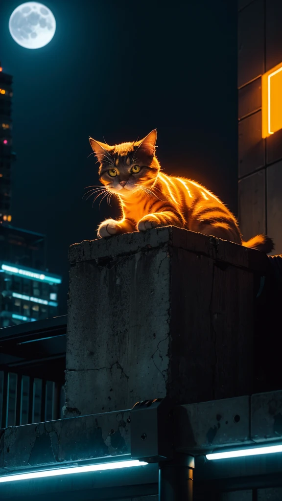 neon, cyber punk, natta, night-time, moon with strong light, cat sitting orange, on top of a building, on the edge of the building,