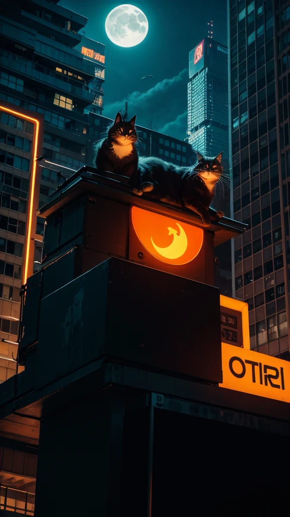 neon, cyber punk, natta, night-time, moon with strong light, cat sitting orange, on top of a building, on the edge of the building,