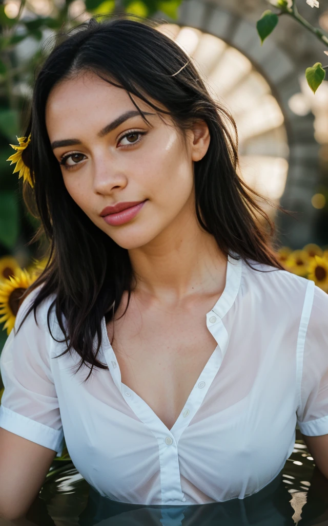 RAW,, Nikon Z 85mm, fot de glamour premiada, taken from above, illuminated fountain, ((best qualityer)), ((Masterpiece artwork)), ((realisitic)), beautiful african woman lies down wearing transparent short white shirt, wet, 30years, (long black hair), (face skin with freckles and pores) hazel eyes, small seios inchado, lying in a sunflower field, ((seios small)), innocent, flower petals in the air, small particles flying, raios de sol 8K, details Intricate, highy detailed, sharp focus, proffesional, 8K, artstation, artgerm, spring flowers blooming, godrays, hand modle, stunning brown eyes, small, delicate, sorriso timido innocents, highres, detailed facial features, high détail, focus sharp, Soft, aesthetic, extremely detaild, photo_\(ultra\), Post-Processing, maximum detail, roughness, real-life, fot, 8K uhd, fot, SEMI-SILHOUETTE light, face texture, cinematic