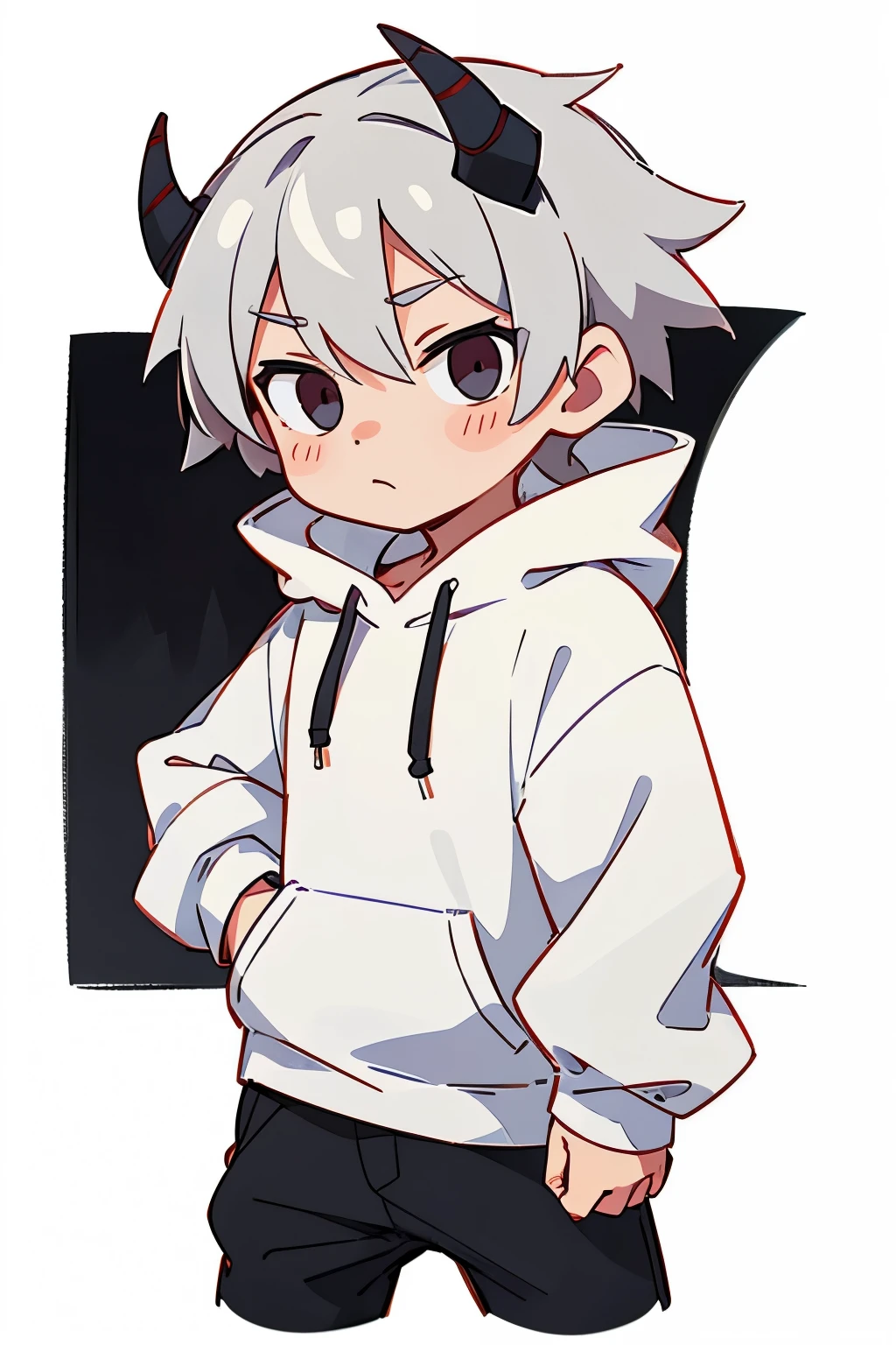 chibi drawing, Boy, white, with gray hair, wearing a white hoodie and black demon horns, thinks