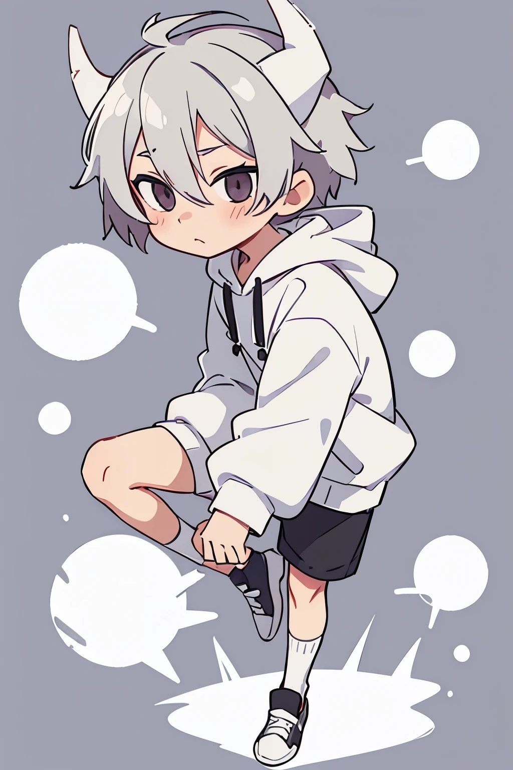 chibi drawing, Boy, white, with gray hair, wearing a white hoodie and black demon horns, thinks