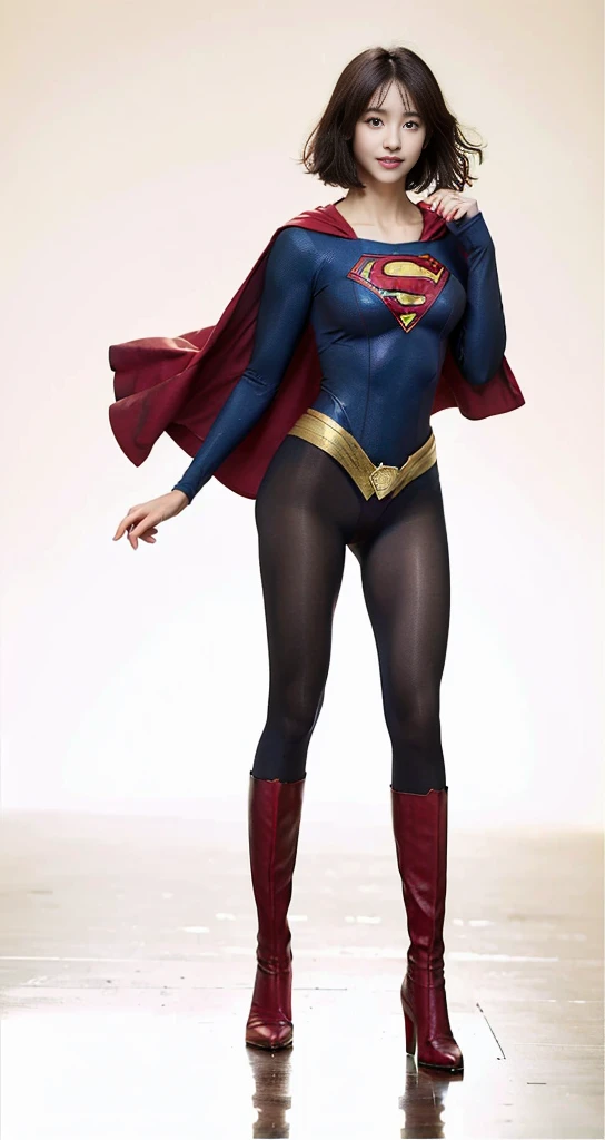 No background、(((Beautiful legs in black tights.)))、(((Legally express the beauty of your smile)))、((((Make the most of your original images)))、(((Supergirl Costume)))、(((Beautiful very short hair)))、(((suffering)))、(((Please wear black tights....、Wear red boots)))、((Best image quality、8K))、((Highest quality、8K、masterpiece:1.3))、(((Preserve background )))、Sharp focus:1.2、Beautiful woman with perfect figure:1.4、Slim Abs:1.2、Wet body:1.5、Highly detailed face and skin texture、8K