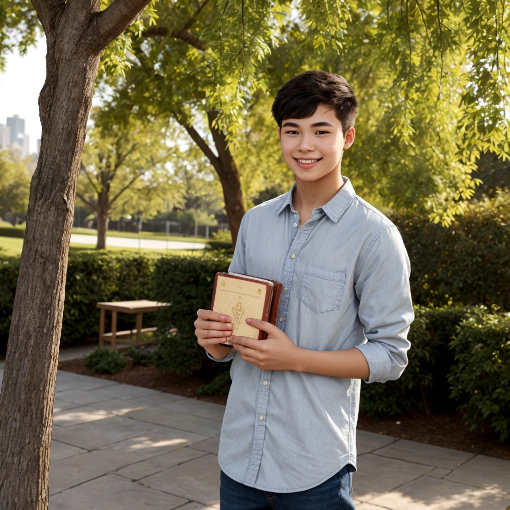 A young man holding a Bible. he is standing, with a calm smile on your face, holding the Bible with both hands in front of the body. The young man is wearing casual clothes, and the background is simple, perhaps a park or indoor setting with soft lighting. The Bible is clearly visible and detailed, with a cover that can be easily recognized.
