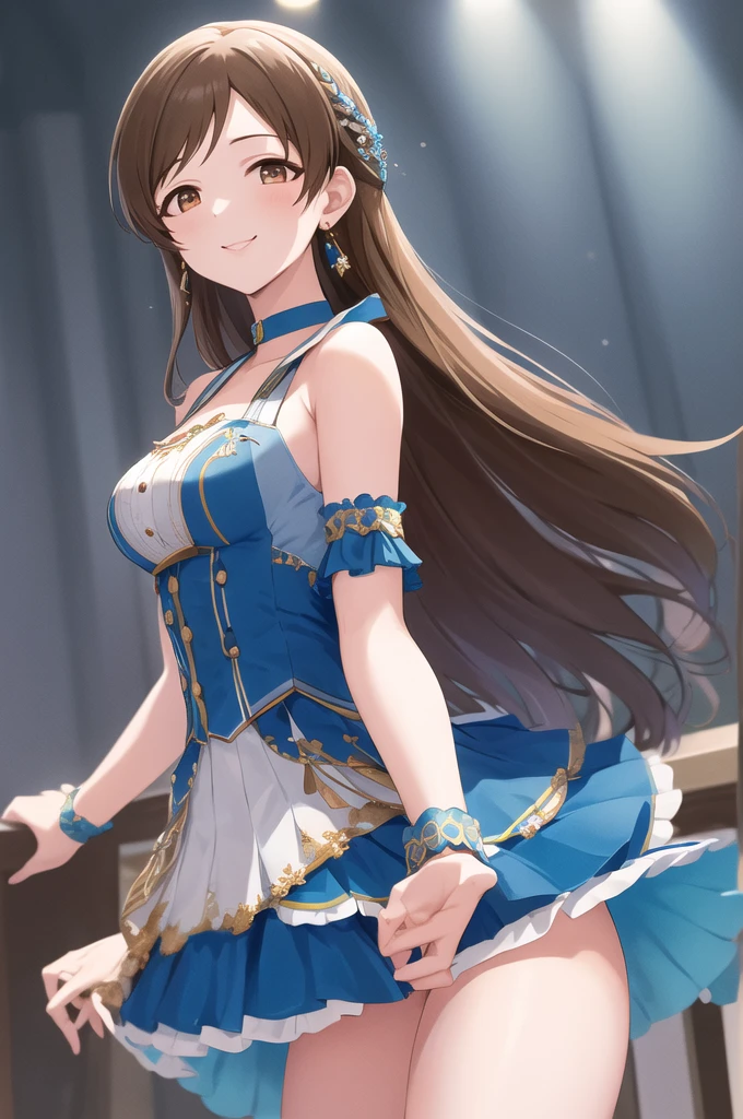masterpiece, best quality, highres, aanitta, long hair, hair ornament, medium breasts, earrings, blue choker, idol clothes, blue dress, bare shoulders, sleeveless, wrist cuffs, detached sleeves, smile, standing, cowboy shot, idolmaster, arms at sides, straight-on,