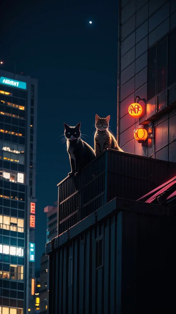 neon, cyber punk, natta, night-time, moon with strong light, cat sitting orange, on top of a building, on the edge of the building,