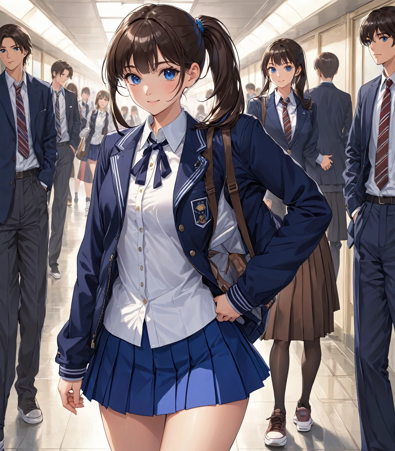 ((Highest quality)), ((masterpiece)), (detailed), (((Perfect Face))), ((A slim 16-year-old girl)), (((A girl wearing a short, tight navy blue jacket, White button-up shirt))), (((Dark blue pleated skirt))), ((Brunette, Brown Hair)), ((blue eyes)), ((ponytail)), (((A shy smile))), ((Thin thighs)), ((Thin Hips)), (((girl looking away))), (((Crowded school corridor))), (((Teenage students in suits))), (((Empty Collar))), (((Bare thighs))), (((Wear sneakers)))、{{{Back view}}}, (((Flip up the skirt)))、(((Showing panties)))、(((Turn your butt))),