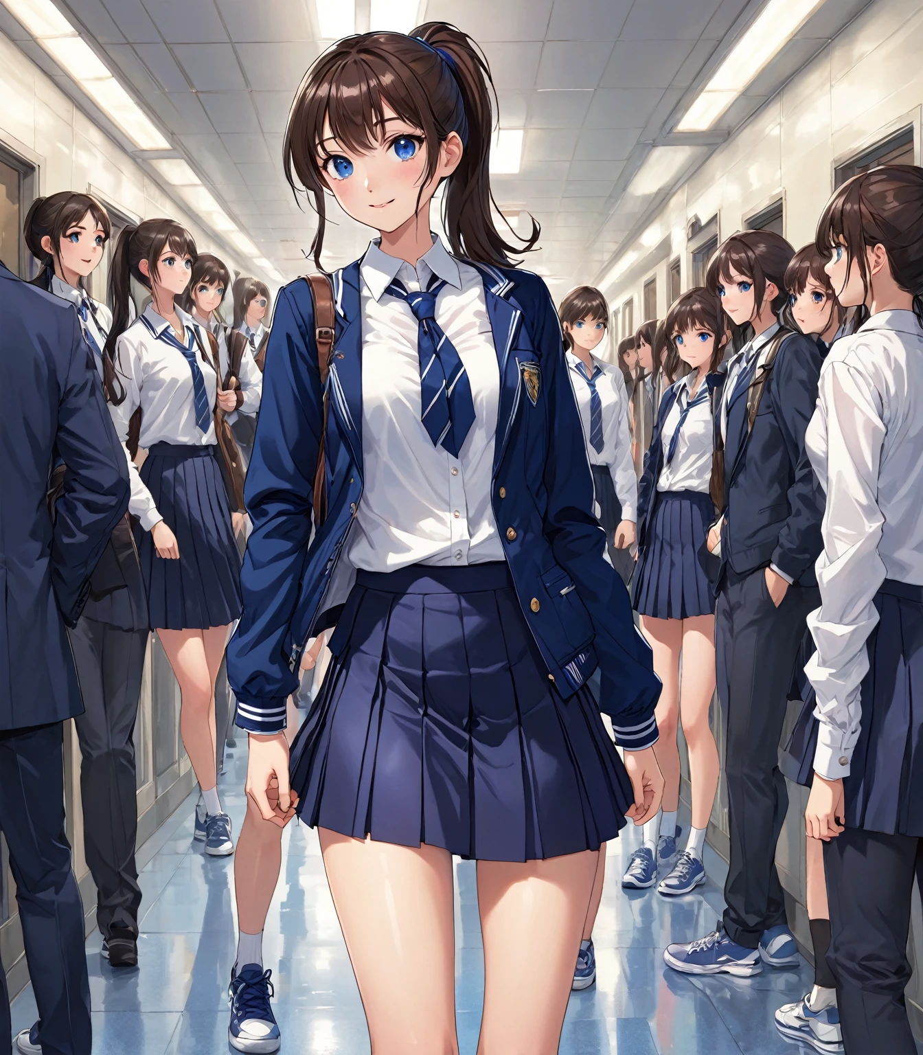 ((Highest quality)), ((masterpiece)), (detailed), (((Perfect Face))), ((A slim 16-year-old girl)), (((A girl wearing a short, tight navy blue jacket, White button-up shirt))), (((Dark blue pleated skirt))), ((Brunette, Brown Hair)), ((blue eyes)), ((ponytail)), (((A shy smile))), ((Thin thighs)), ((Thin Hips)), (((girl looking away))), (((Crowded school corridor))), (((Teenage students in suits))), (((Empty Collar))), (((Bare thighs))), (((Wear sneakers)))、{{{Back view}}}, (((Flip up the skirt)))、(((Showing panties)))、(((Turn your butt))),
