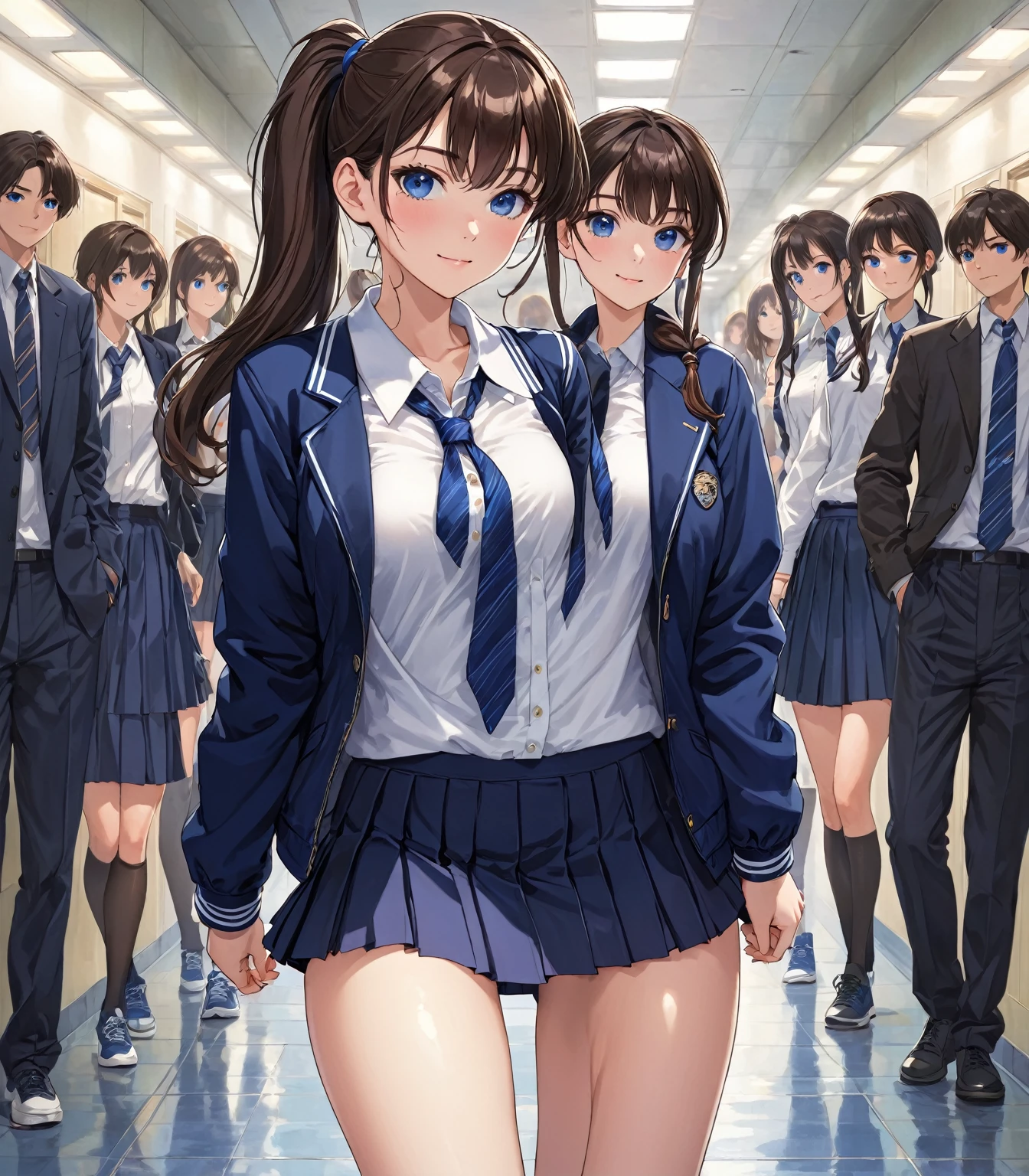 ((Highest quality)), ((masterpiece)), (detailed), (((Perfect Face))), ((A slim -yeld gi), (((A girl wearing a short, tight navy blue jacket, White button-up shirt))), (((Dark blue pleated skirt))), ((Brunette, Brown Hair)), ((blue eyes)), ((ponytail)), (((A shy smile))), ((Thin thighs)), ((Thin Hips)), (((girl looking away))), (((Crowded school corridor))), (((Teenage s in suits))), (((Empty Collar))), (((Bare thighs))), (((Wear sneakers)))、{{{Back view}}}, (((Flip up the skirt)))、(((Showing panties)))、(((Turn your butt))),
