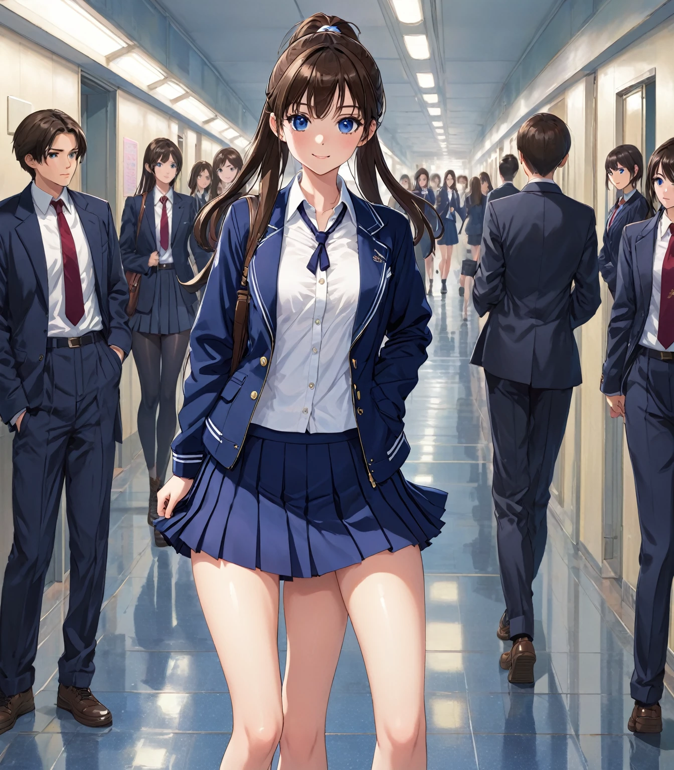 ((Highest quality)), ((masterpiece)), (detailed), (((Perfect Face))), ((A slim 16-year-old girl)), (((A girl wearing a short, tight navy blue jacket, White button-up shirt))), (((Dark blue pleated skirt))), ((Brunette, Brown Hair)), ((blue eyes)), ((ponytail)), (((A shy smile))), ((Thin thighs)), ((Thin Hips)), (((girl looking away))), (((Crowded school corridor))), (((Teenage students in suits))), (((Empty Collar))), (((Bare thighs))), (((Wear sneakers)))、{{{Back view}}}, (((Flip up the skirt)))、(((Showing panties)))、(((Turn your butt))),