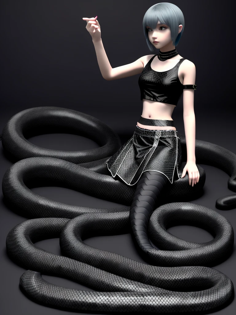 (lamia:1.0), scales, full body, emo, 1boy, black snake tail, crop top, skirt, cute, Femboy