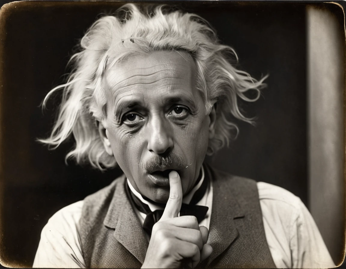 very angry, screaming, index finger in his mouth asking to shut up, scientist Albert Einstein looking to the side with great anger, a rare moment of intense anger asking for silence with a finger in his mouth,, mysterious by Anne Brigman, vintage retrocore , daguerrotype,, photo, cinematic