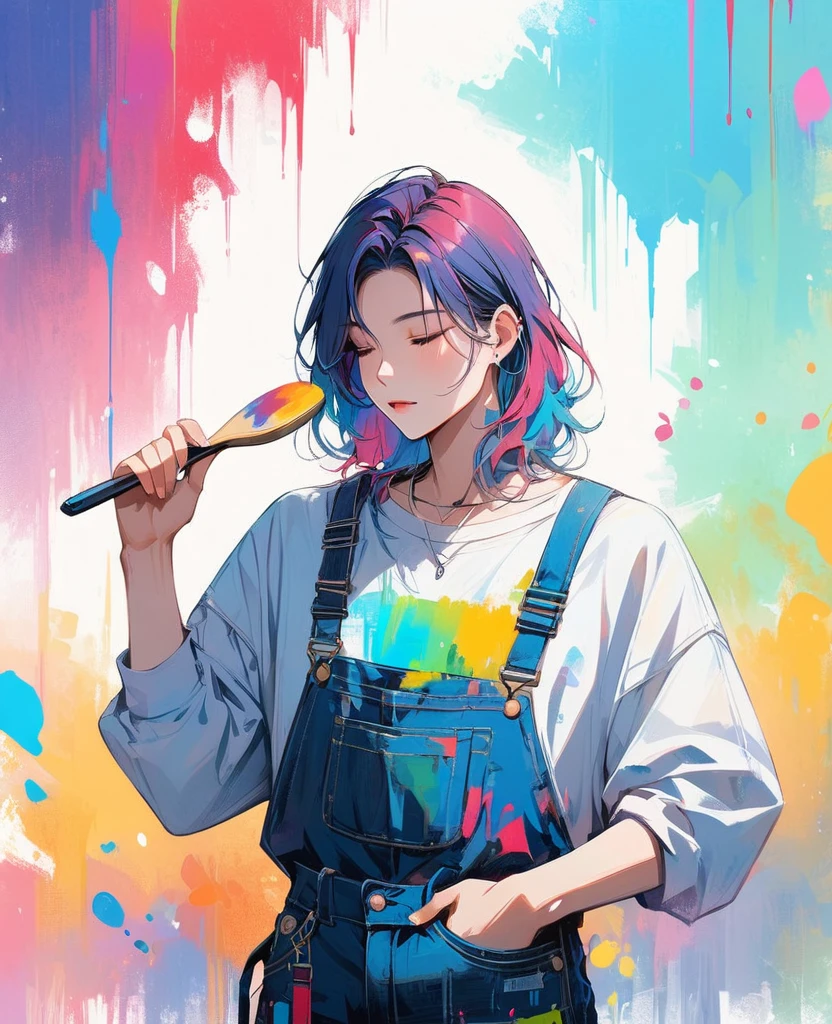 (work of art, better quality:1.2), 1 man, Alone, wearing stained overalls., With brush and palette in hand. Colorful and dreamy hair.