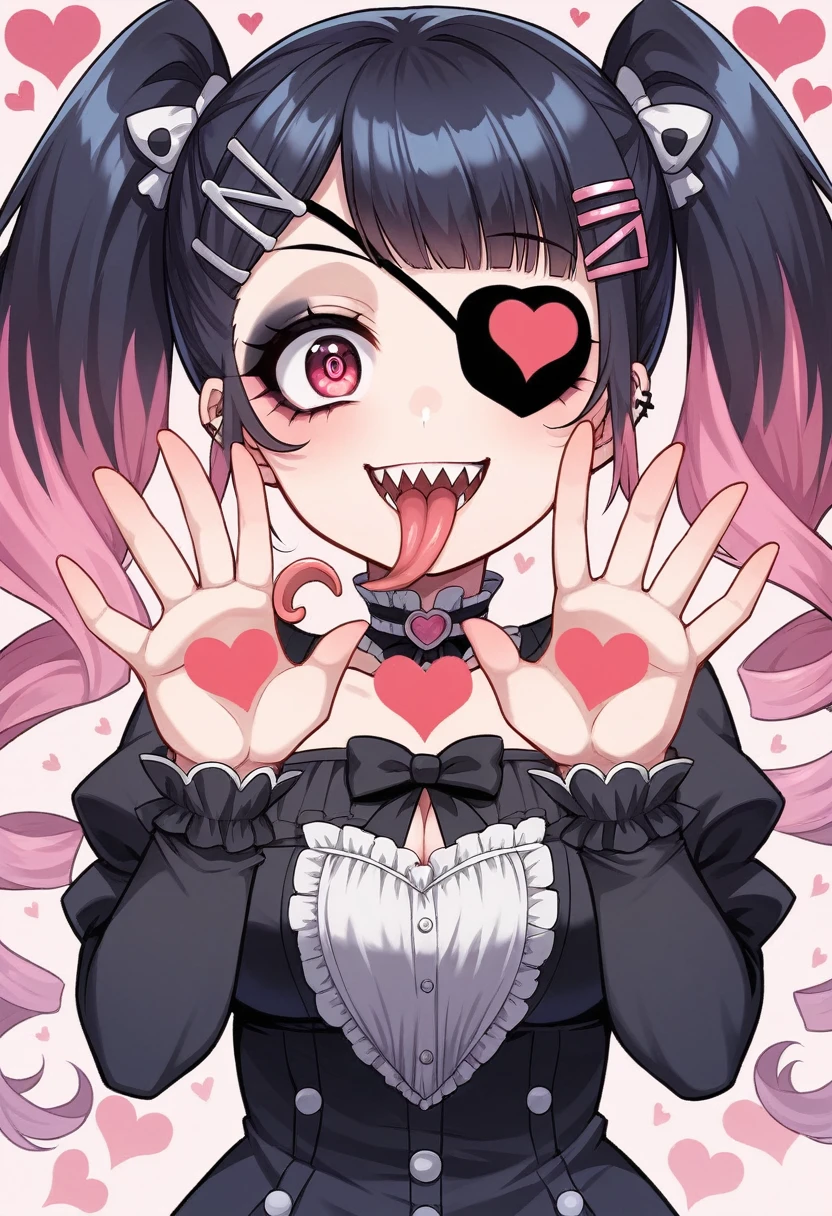 female\((cute,eye patch\(very cute, gothic fashion,heart mark\):1.3),age of 12,skin\(white,pale,smooth,silky,shiny\),eyes\(beautiful,many star-shaped highlights\),wearing makeup\(pink\),(evil smile:1.3),open mouth,sharp teeth,long tongue,hair\(pink,twintails,floating,rolled,detailed,shiny\),hairclip\(heart\),costume\(pink colored gothic ta\),eye corners\(pink:1.3\),(narrow eyes),very cute pose,(breast:1.3),open cleavage, cute hand sign\), BREAK ,background\(harajyuku\(tokyo,japan\),at night,cute,fancy,dark\), BREAK ,quality\(8k,wallpaper of extremely detailed CG unit, masterpiece,hight resolution,top-quality,top-quality real texture skin,hyper realisitic,increase the resolution,RAW photos,best qualtiy,highly detailed,the wallpaper,cinematic lighting,ray trace,golden ratio\),(dynamic angle),(close up of face:1.3),looking down at viewer,from below,better hands