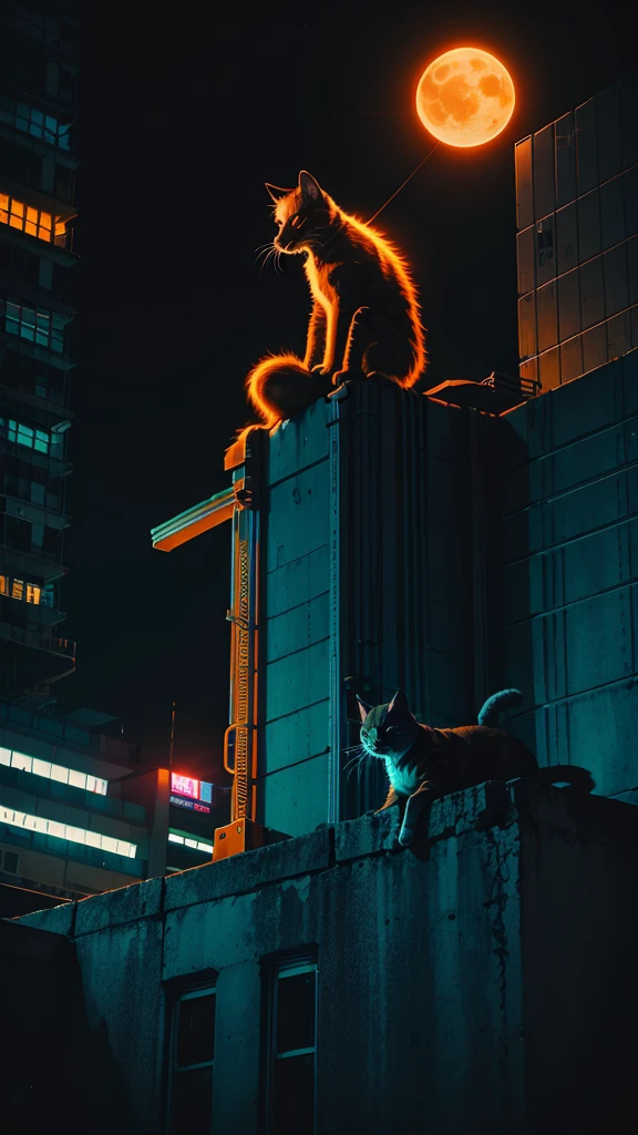 neon, cyber punk, natta, night-time, moon with strong light, cat sitting orange, on top of a building, on the edge of the building,