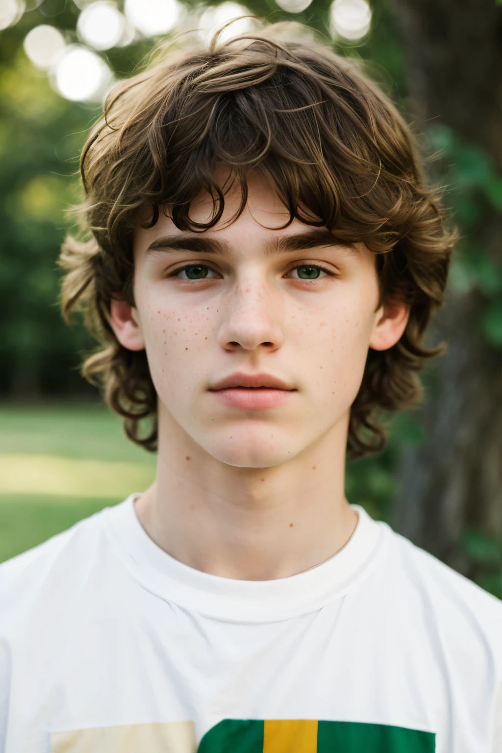 A 16-year-old white boy with a marked jawline and a few freckles with slightly short, slightly messy wavy hair and green eyes.