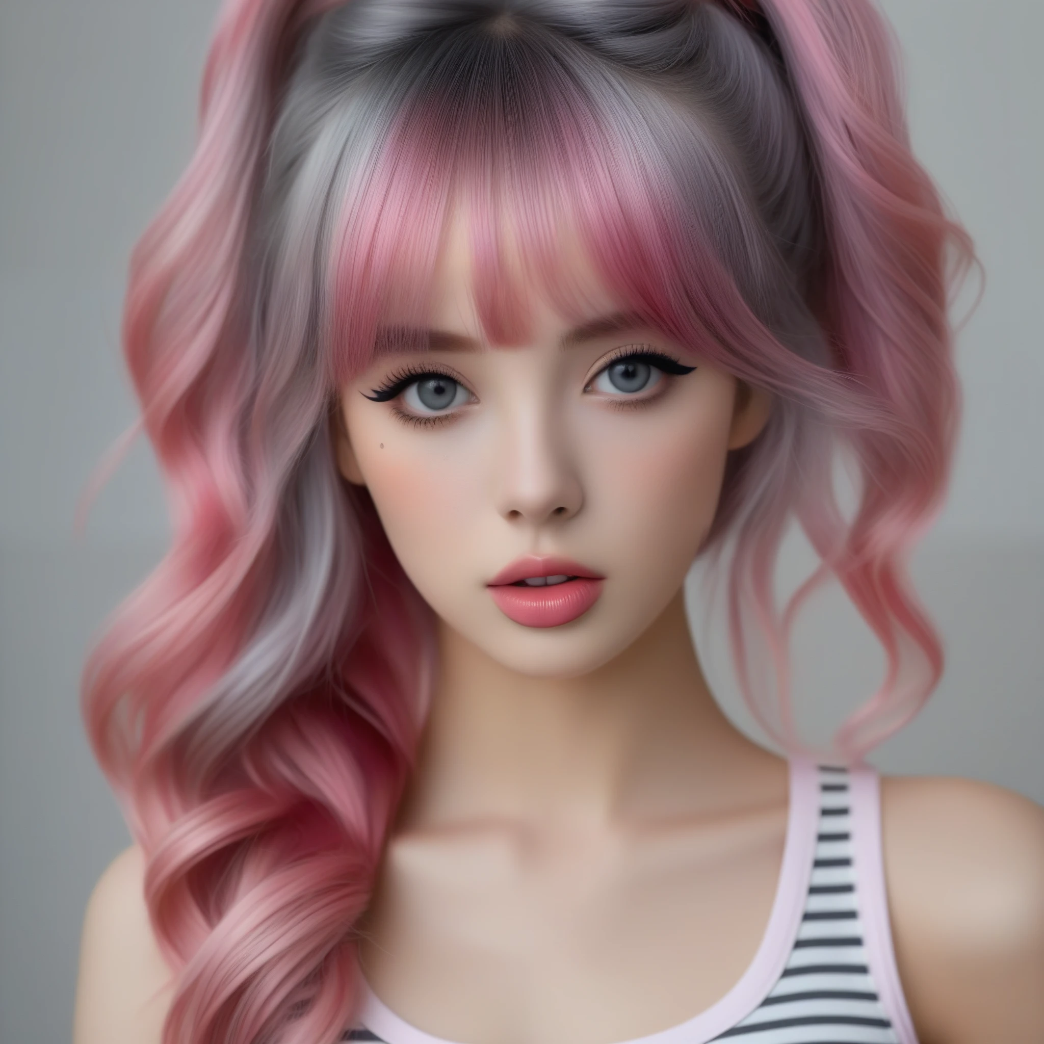 bellissima 1girl, solo, long hair, looking at viewer, bangs, shirt, bow, upper body, pink hair, hair bow, sleeveless, striped, nail polish, lips, head tilt, grey eyes, eyelashes, makeup, lipstick, striped shirt, realistic