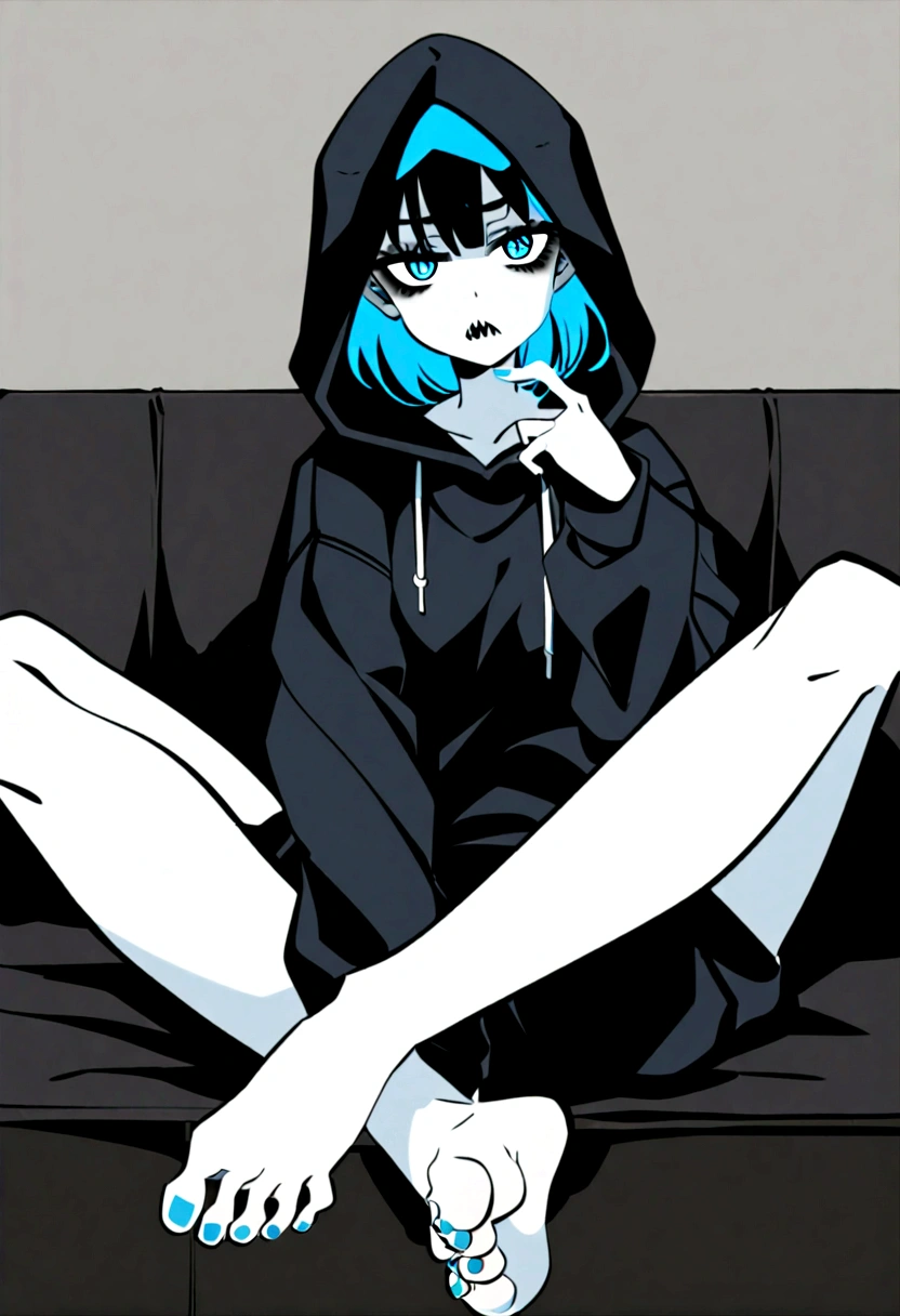 A girl with pale skin, bright cyan blue eyes and short black hair, plus sharp teeth. She has dark circles under her eyes. She is wearing a black hooded sweatshirt and black oversized sweatpants. She is barefoot, and maintains a detached, indifferent, and bored expression on her face. She is sitting on a black sofa, in a bored way.