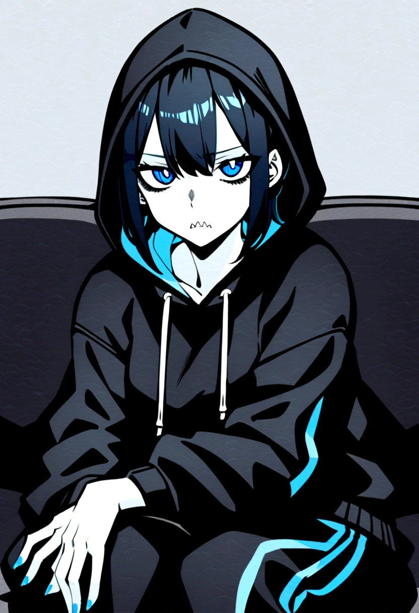 A girl with pale skin, bright cyan blue eyes and short black hair, plus sharp teeth. She has dark circles under her eyes. She is wearing a black hooded sweatshirt and black oversized sweatpants. She is barefoot, and maintains a detached, indifferent, and bored expression on her face. She is sitting on a black sofa, in a bored way. 