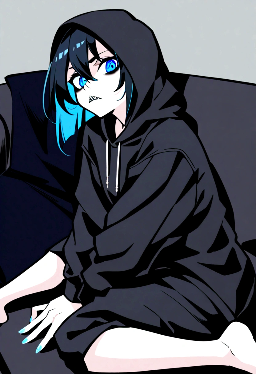 A girl with pale skin, bright cyan blue eyes and short black hair, plus sharp teeth. She has dark circles under her eyes. She is wearing a black hooded sweatshirt and black oversized sweatpants. She is barefoot, and maintains a detached, indifferent, and bored expression on her face. She is sitting on a black sofa, in a bored way.
