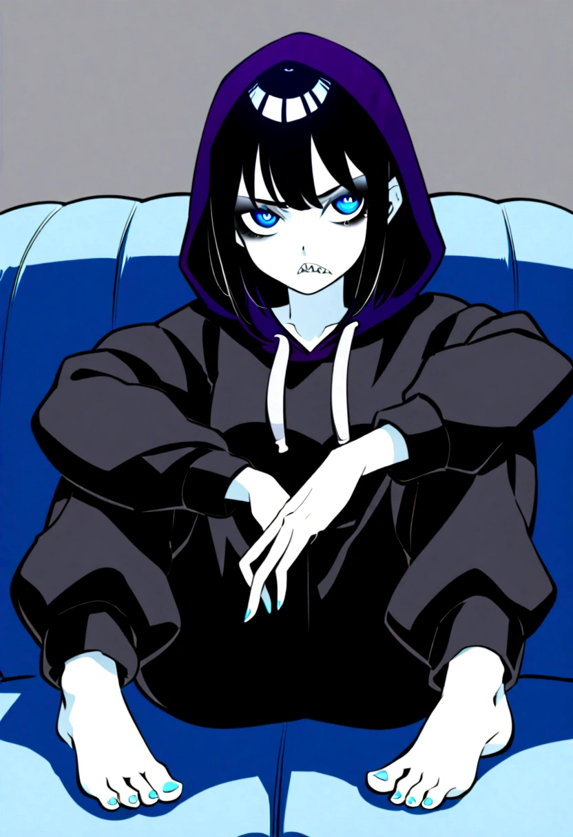 A girl with pale skin, bright cyan blue eyes and short black hair, plus sharp teeth. She has dark circles under her eyes. She is wearing a black hooded sweatshirt and black oversized sweatpants. She is barefoot, and maintains a detached, indifferent, and bored expression on her face. She is sitting on a black sofa, in a bored way. 