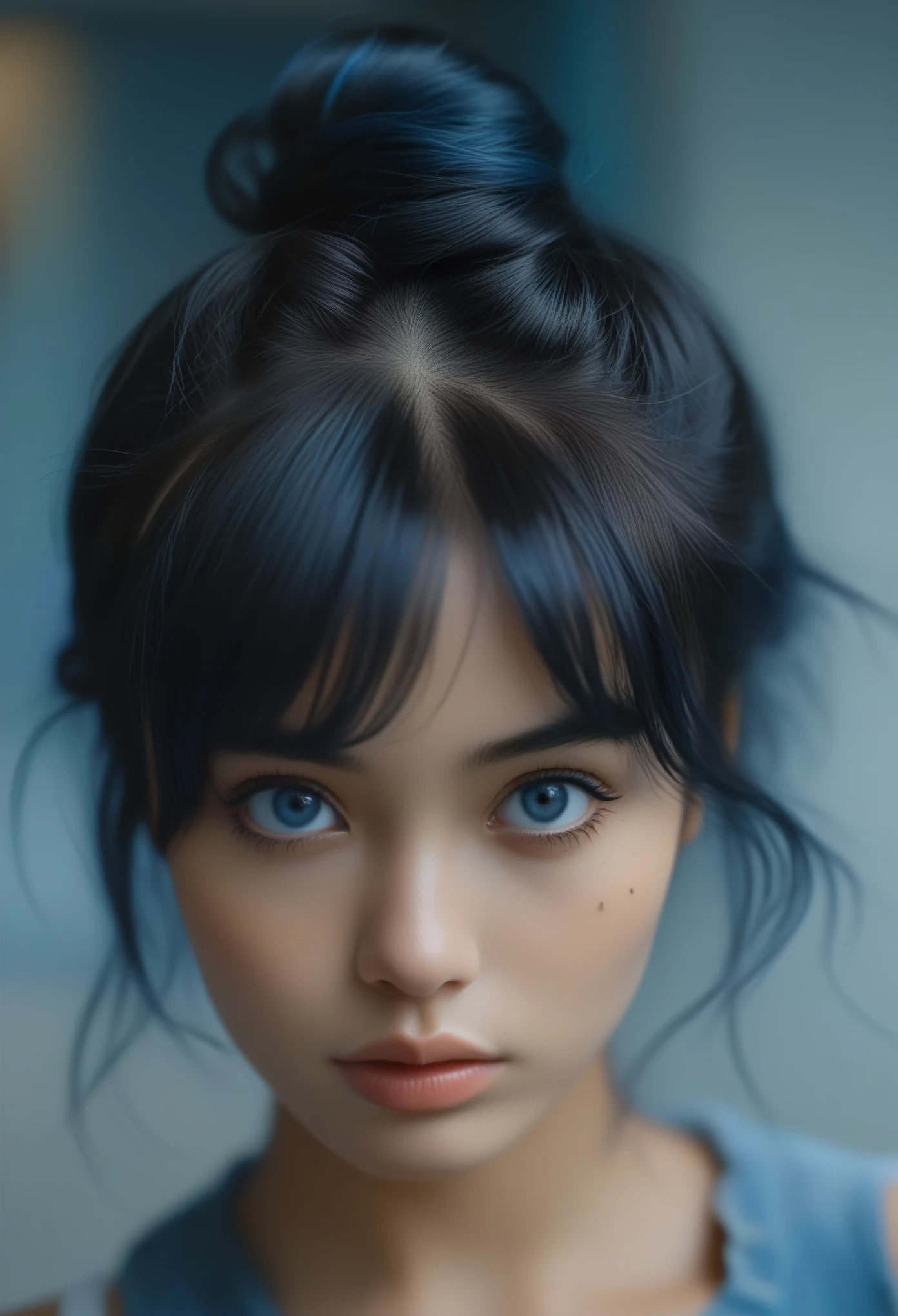 cinematic still bellissima, 1girl, solo, looking at viewer, bangs, blue eyes, black hair, parted lips, double bun, blurry, lips, dark skin, eyeliner, blurry background, messy hair, portrait, realistic . emotional, harmonious, vignette, 4k epic detailed, shot on kodak, 35mm photo, sharp focus, high budget, cinemascope, moody, epic, gorgeous, film grain, grainy, (masterpiece), (best quality), (ultra-detailed), 