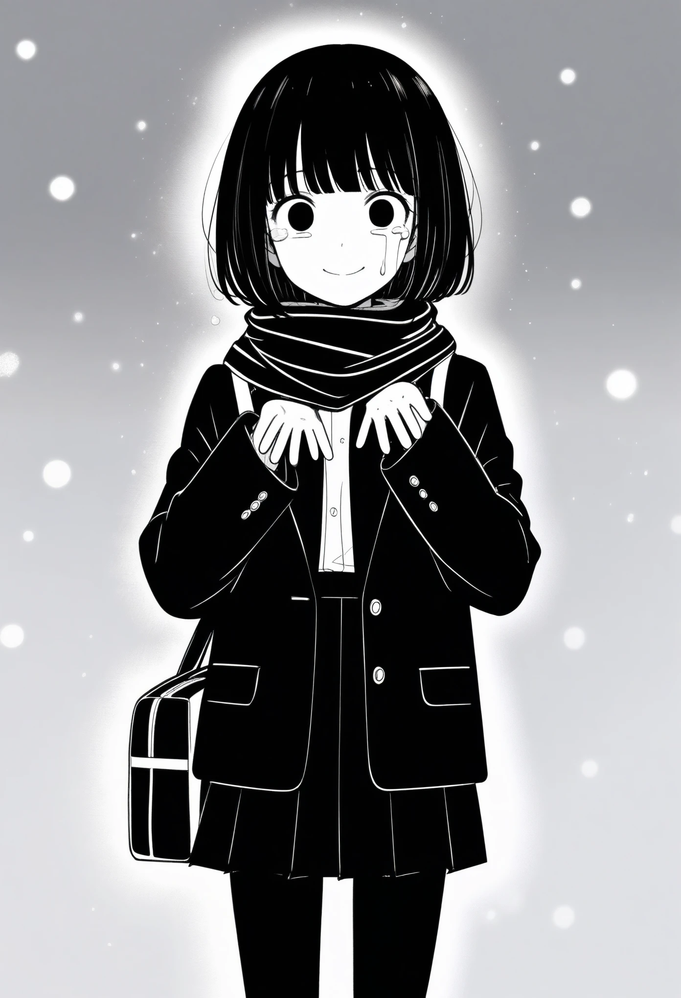 masterpiece, best quality, 1girl, mamerakkkkko, grayscale, manga style, japanese, chi no wadachi, black eyes, street, iced, black hair, schoolbag, smile, lineart, black coat, black scarf, black pleated skirt, leggins, centered, 18 years old, tall, fair skinned, bokeh background, crying, tears, straight-on, tears streaming, bob cut, light particles, centered, snowing, (((reaching_towards_viewer)))