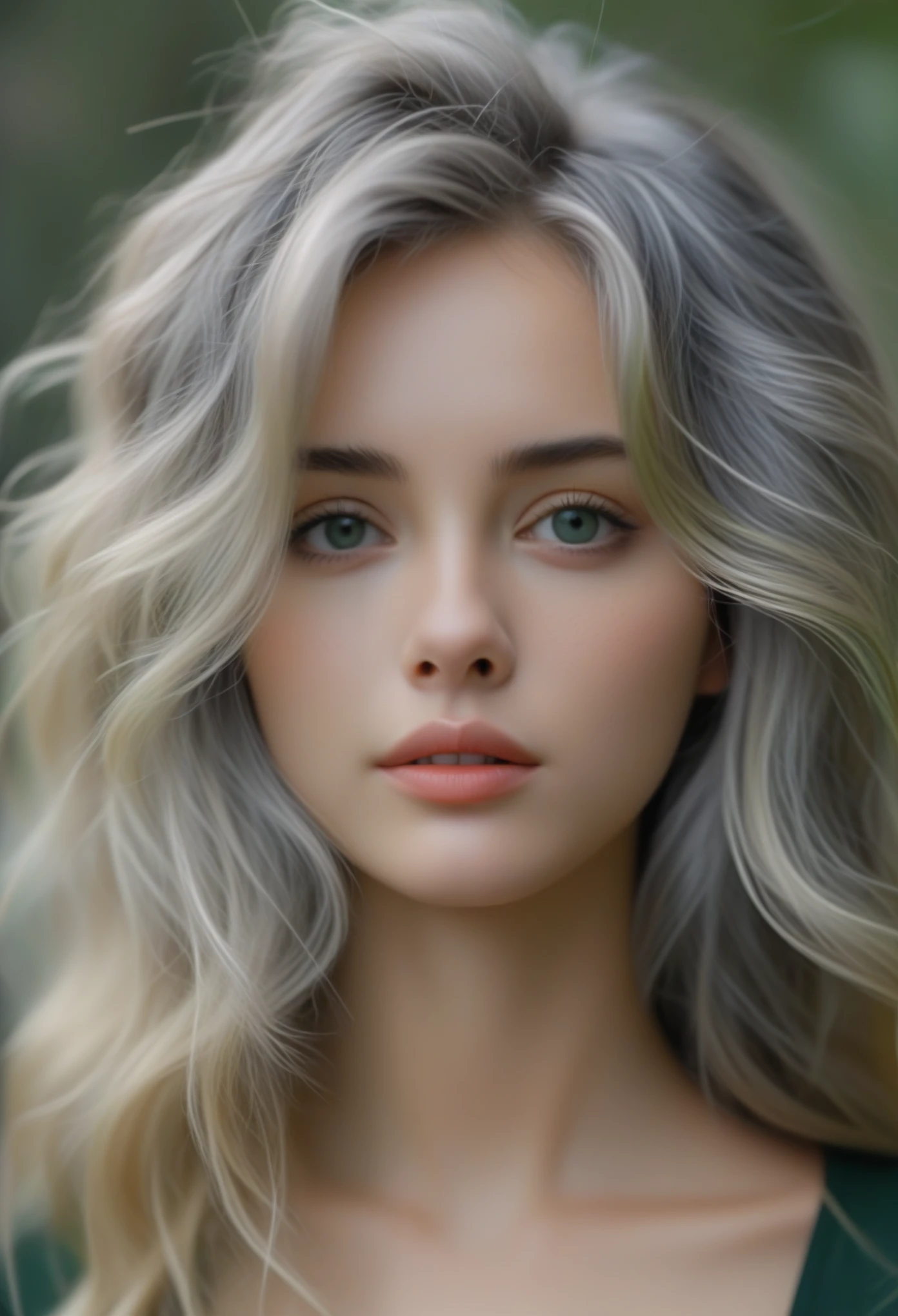 cinematic still bellissima, 1girl, solo, long hair, looking at viewer, blonde hair, green eyes, parted lips, teeth, blurry, lips, grey eyes, blurry background, messy hair, portrait, realistic, nose . emotional, harmonious, vignette, 4k epic detailed, shot on kodak, 35mm photo, sharp focus, high budget, cinemascope, moody, epic, gorgeous, film grain, grainy, (masterpiece), (best quality), (ultra-detailed)