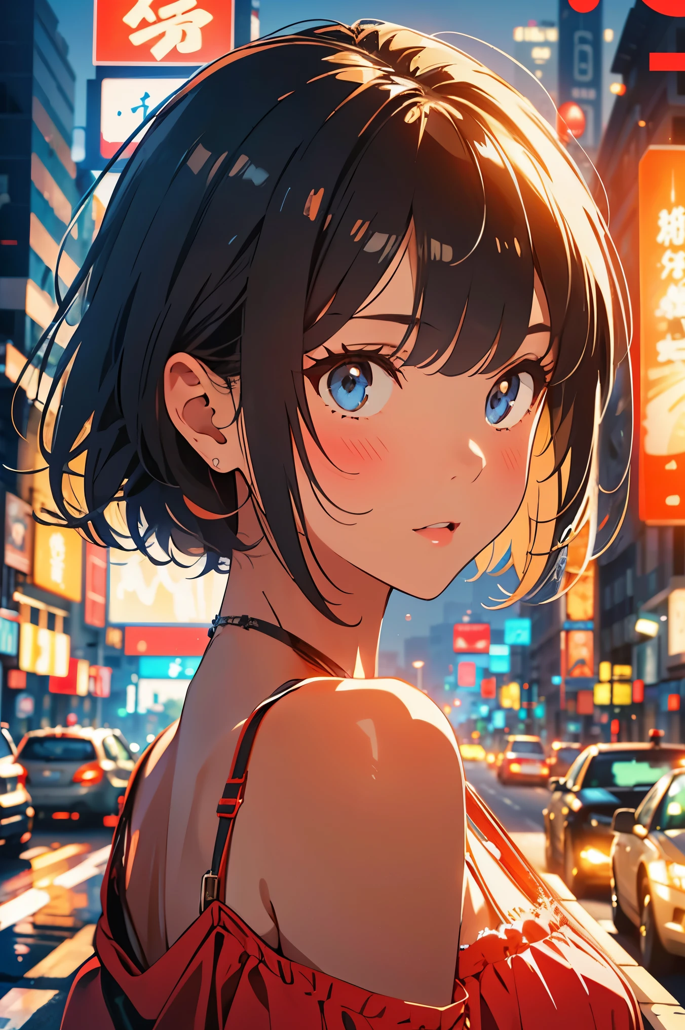 (Raw photo:1.2), (Photorealistic), Beautiful detailed girl, Very detailed eyes and face, Beautiful detailed eyes, Huge file size, High resolution, Very detailed, Best Quality, [masterpiece:1.6], Illustration, Very detailed, Fine detail, Best Quality, 32K Wallpaper, perfect Lighting, Masterpiece, animerealistic, Top quality, Ultra high definition, Maximum resolution, Very detailed, Professional lighting, kabedon pov, looking at viewer, smug, girl is so high, girl is feeling fine, 1girl, girl in big city, neon city, standing on the street, neon city, psychedelic colors, black short hair, bob cut, red shirt, black pants, slander girl,