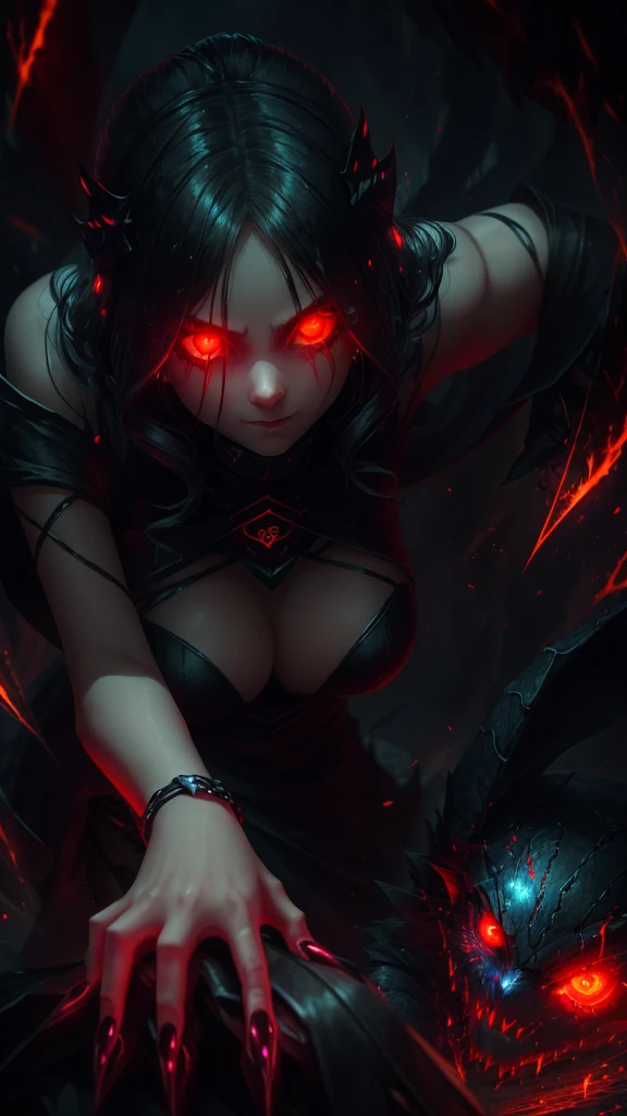 girl, glowing eyes, evil and scary, красный фон, крадется, когти, ворон рядом