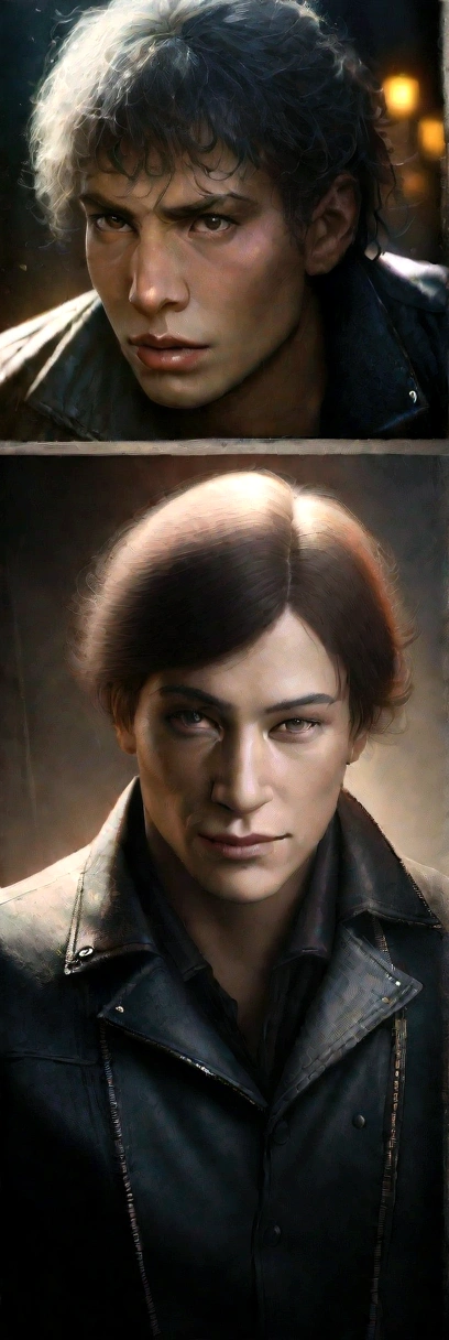 cinematic dramatic lighting, powerful detailed portrait of a young man with spiky hair, piercing intense gaze, sharp detailed facial features, detailed skin texture, dramatic chiaroscuro lighting, strong shadows, moody atmosphere, dark color palette, deep blacks, highlights on facial features, (best quality,4k,8k,highres,masterpiece:1.2),ultra-detailed,(realistic,photorealistic,photo-realistic:1.37),highly detailed,dramatic,powerful,dark,intense,moody,cinematic