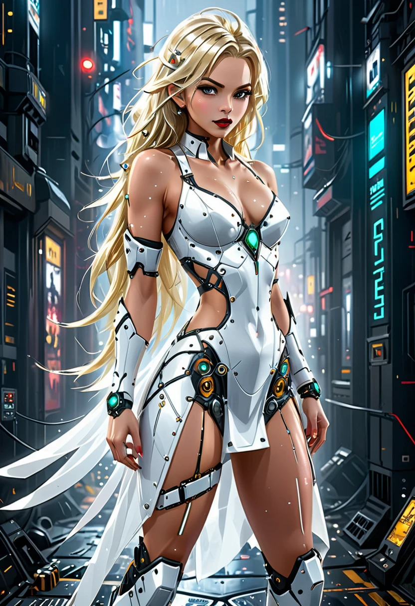 ((a photorealistic glamour shot of an exquisite, glamour mecha female vampire: 1.5)), ((full body: 1.3)), ultra feminine, pale face, golden hair, long vibrant shiny hair, glamorous hair,  red eyes, miniatures mechanical , deep penetrating eyes, red lips, lustful lips, ((two visible vampiric fangs: 1.5), drops of blood dripping from the mouth, ((cyberpunk style: 1.5)), she wears (white elegant glamour dress, with small delicate mechanical parts: 1.4), digital parts,  intricate details, the dress is studded with diamonds, tight suit, dynamic color, high heels, cyberpunk street at night background, (highest quality:1.2, Very detailed, up to date, Vibrant, Ultra-high resolution, High Contrast, masterpiece:1.2, highest quality, Best aesthetics), best details, best quality, highres, ultra wide angle, 16k, [ultra detailed], masterpiece, best quality, (extremely detailed), Genetically modified..., Cinematic Hollywood Film, nijimecha, aetherpunkai