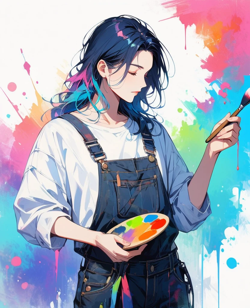 (work of art, better quality:1.2), 1 man, Alone, wearing stained overalls., With brush and palette in hand. Short, colorful and dreamy hair.