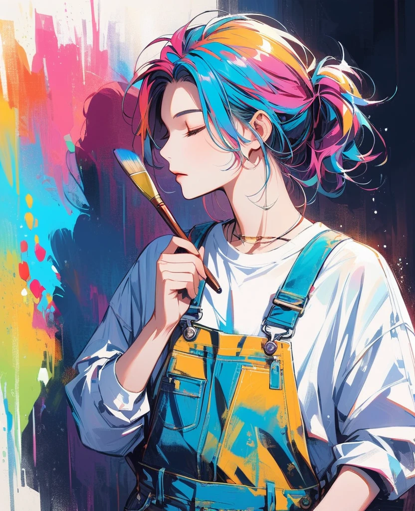 (work of art, better quality:1.2), 1 man, Alone, wearing stained overalls., With brush and palette in hand. Short, colorful and dreamy hair.