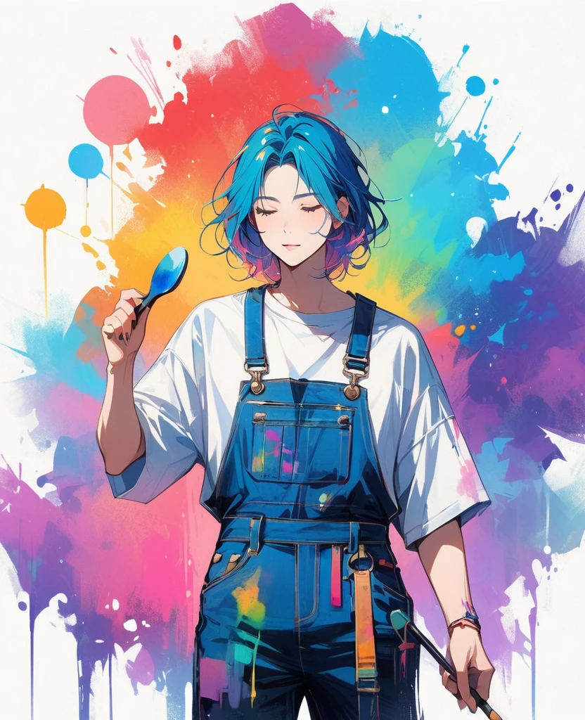 (work of art, better quality:1.2), 1 man, Alone, wearing stained overalls., With brush and palette in hand. Short, colorful and dreamy hair.