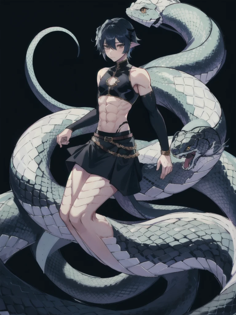 (lamia:1.0), scales, full body, emo, 1boy, black snake tail, crop top, skirt, cute, Femboy
