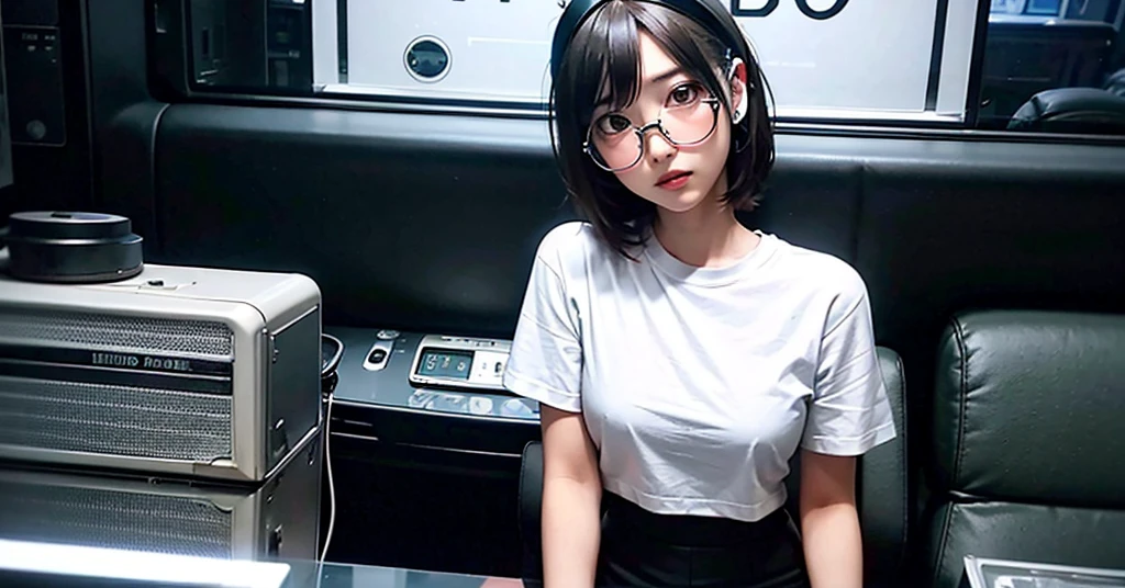 Anime girl wearing headphones, sitting in front of a radio and microphone, wearing tight clothes, a white T-shirt, glass glasses, and a black short skirt. 