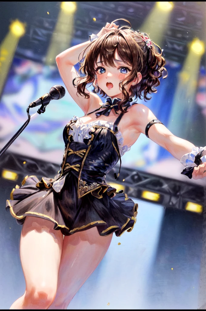 ((Best of the highest quality, 8k, Masterpiece, raw photo: 1.3)), (Great artist style, Auguste Renoir, Sharp focus: 1.2), (1 AESPA girl: 1.1), (Solo: 1.1), face focus, cute face, finely eyes, (k-pop idol girl, dancing on the stage with microphone: 1.28), from above, (brunette short messy hair: 1.1)