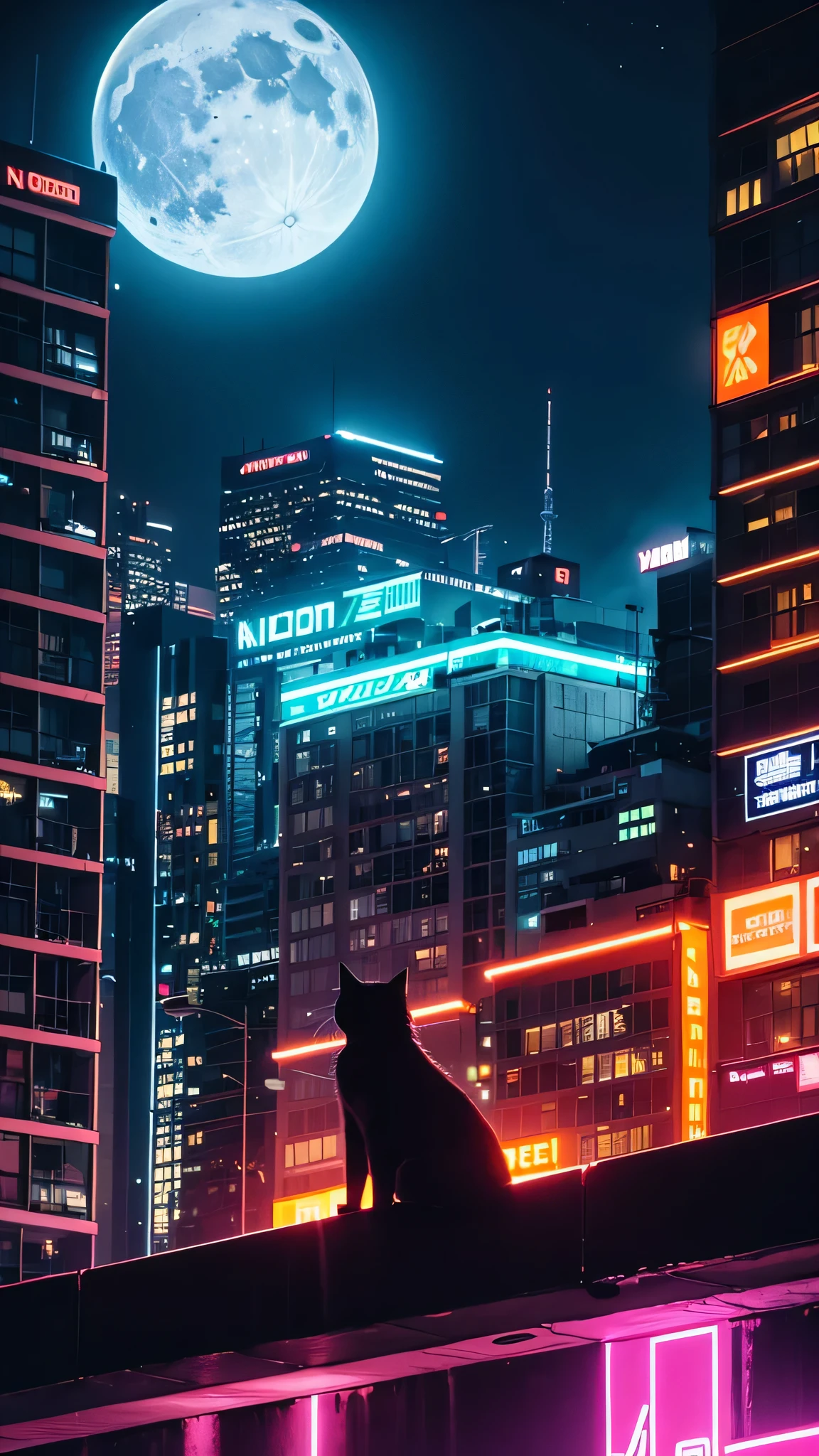 neon, cyber punk, natta, night-time, moon with strong light, orange cat, on top of a building, on the edge of the building,