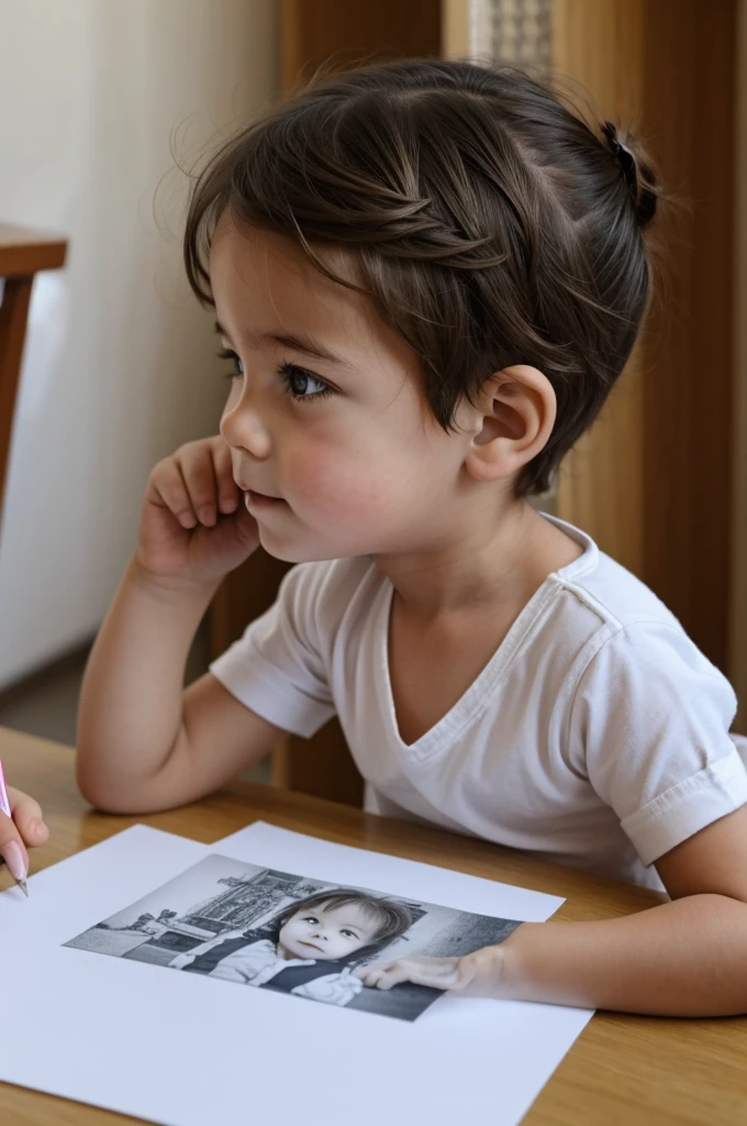 Dessin d'un enfant découpant une photo avec des ciseaux