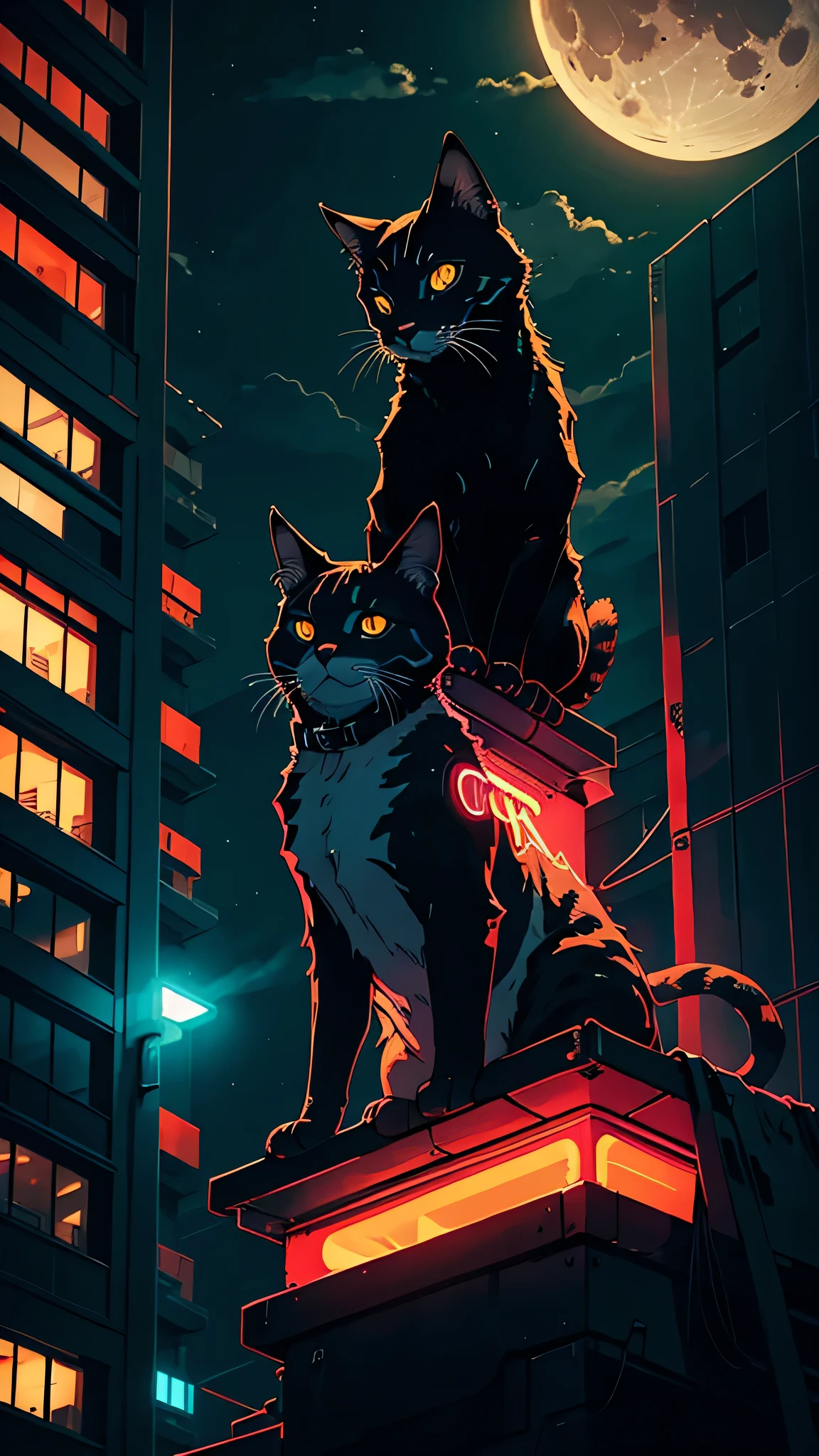 neon, cyber punk, natta, night-time, moon with strong light, orange cat, on top of a building, on the edge of the building,