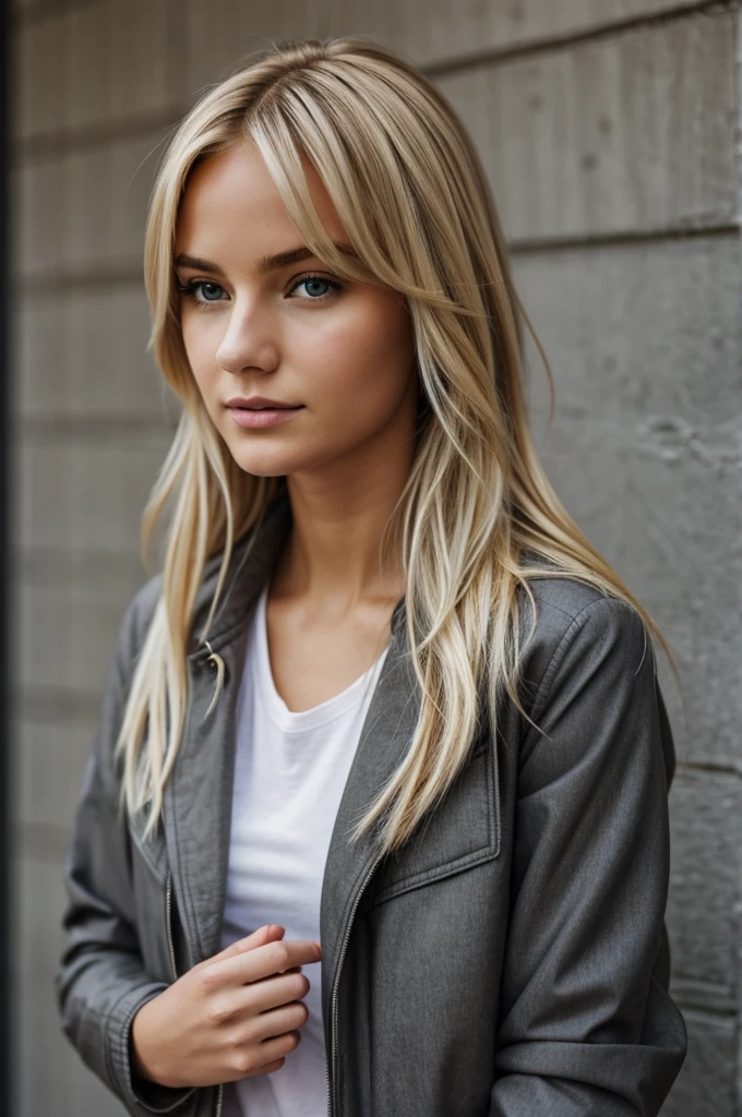 Blond young woman, wear a dark grey jacket.