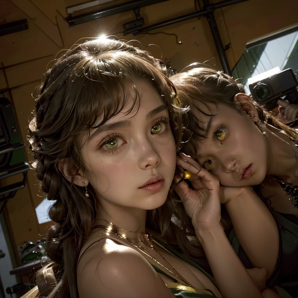 Woman, curly hair, black skin, crown of thorns on her head, green dress, bright yellow eyes, a halo around her