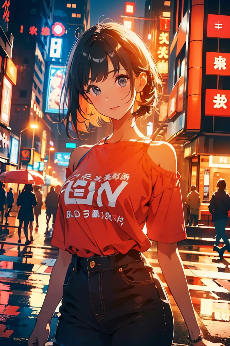 (Raw photo:1.2), (Photorealistic), Beautiful detailed girl, Very detailed eyes and face, Beautiful detailed eyes, Huge file size, High resolution, Very detailed, Best Quality, [masterpiece:1.6], Illustration, Very detailed, Fine detail, Best Quality, 32K Wallpaper, perfect Lighting, Masterpiece, animerealistic, Top quality, Ultra high definition, Maximum resolution, Very detailed, Professional lighting, kabedon pov, looking at viewer, smug, girl is so high, girl is feeling fine, 1girl, girl in big city, neon city, standing on the street, neon city, psychedelic colors, black short hair, bob cut, red shirt, black pants, slander girl, glowing eyes, very happy, psychedelic neon city, girl on highs, 