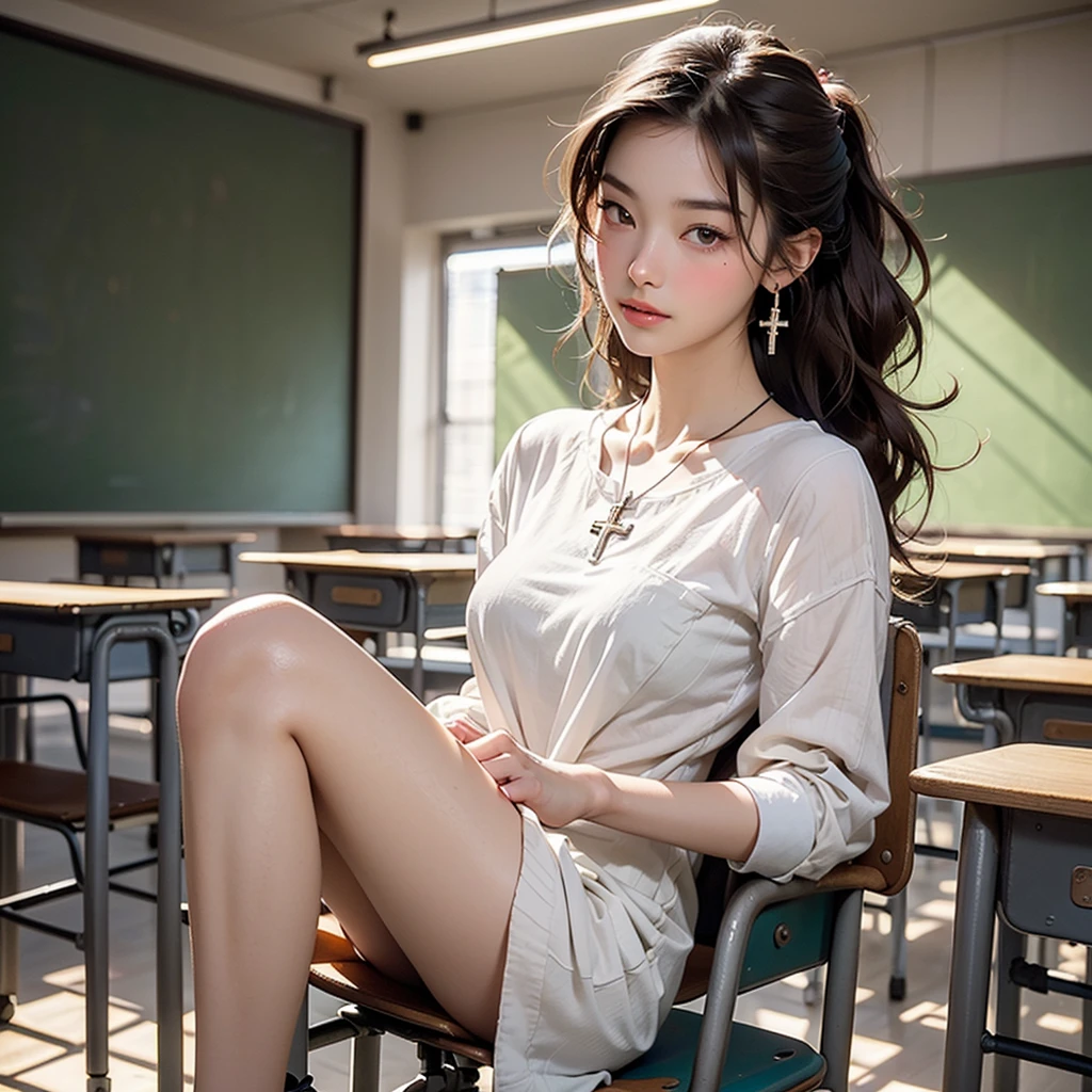 (masterpiece: 1.3), (Maximum resolution: 1.2), (Ultra HD TV: 1.2), Cinema Lighting, Ultra HD TV, (Detailed eyes and skin), (Detailed facial features), High resolution, 8K resolution, Sharp focus: 1.2, Perfect Style, Beautiful Face, Accurate, Anatomically correct, Highly detailed face and skin texture, Fine grain, Brown eyes, double eyelid, Thin eyebrows, Glitter Eyeliner: 1.2, Natural Cheeks, Shiny skin, Fair skin: 1.2, Shiny little necklace and earrings, (Glossy Lips: 1.4),
break,
First Person View, High Cut , (Embarrassing:1.2), (blush:1.2), Pure and cute girl, (High ponytail, Wavy Hair, Light brown hair, Diagonal bangs), Medium Long Hair, (Full Body Shot: 1.2), Focus on the face, ((Very close relationship: 1.2)), (Large Breasts:1.3), (((In the classroom: 1.2)), ((sit cross-legged on a school chair:1.4)), (Looking down at the viewer:1.2)), (From below), ((Many other students' backgrounds)),