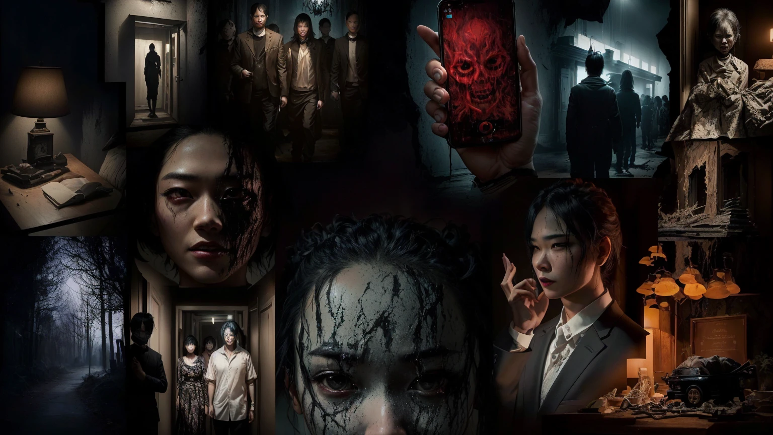 arafed A collage of a series of images of people in a dark room., หนังhorrorญี่ปุ่น, horror", horror ", หนังhorrorญี่ปุ่น movie footage, horror lovecratftian, Netflix, important art, รายละเอียดงานศิลปะhorror 4k, โฆษณาหนังhorrorเรื่องใหม่, Promotional photo, สุนทรียศาสตร์ของภาพยนตร์horror, promotional pictures, งานศิลปะhorrorดิจิทัล, หนังhorrorสากล, ภาพยนตร์horror