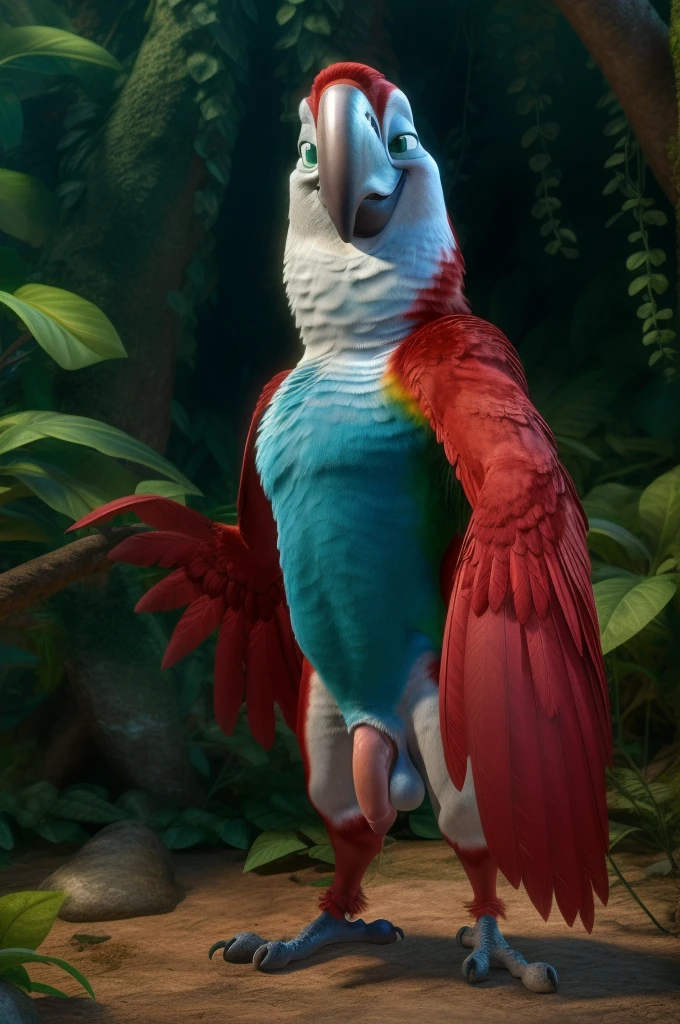 ((NSFW, sexual)), rio movie, jungle landscape, felipe a male Scarlet macaw avian, ((anthro)), human body, furry, feathered arms, ((exposing tapering penis, testicles)), standing, green eyes, smug attitude, realistic, digitigrade legs, detailed eyes