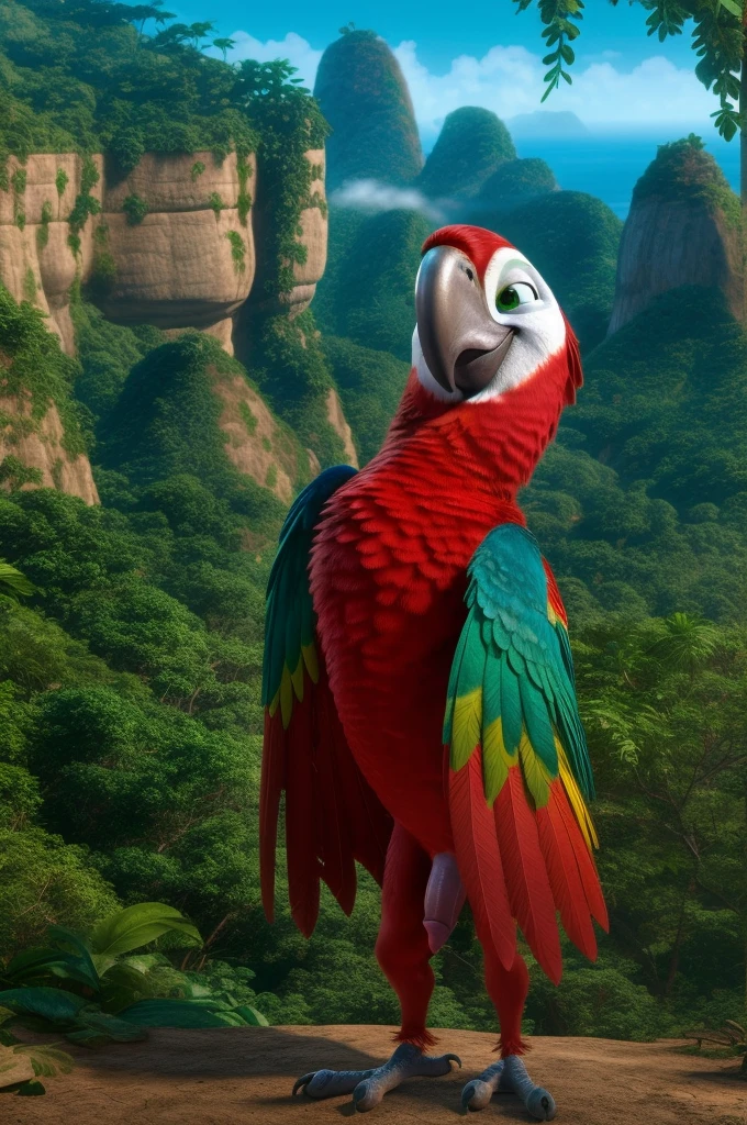 ((NSFW, sexual)), rio movie, jungle landscape, felipe a male Scarlet macaw avian, ((anthro)), human body, furry, feathered arms, ((exposing tapering penis, testicles)), standing, green eyes, smug attitude, realistic, digitigrade legs, detailed eyes